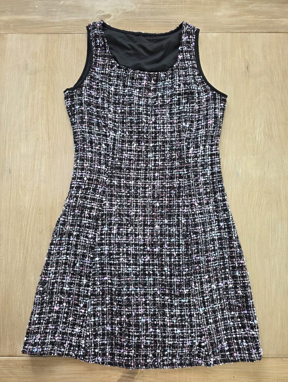 Women's Bouclé Tweed Sleeveless Fit & Flare Dress Black Pink Blue Size Small